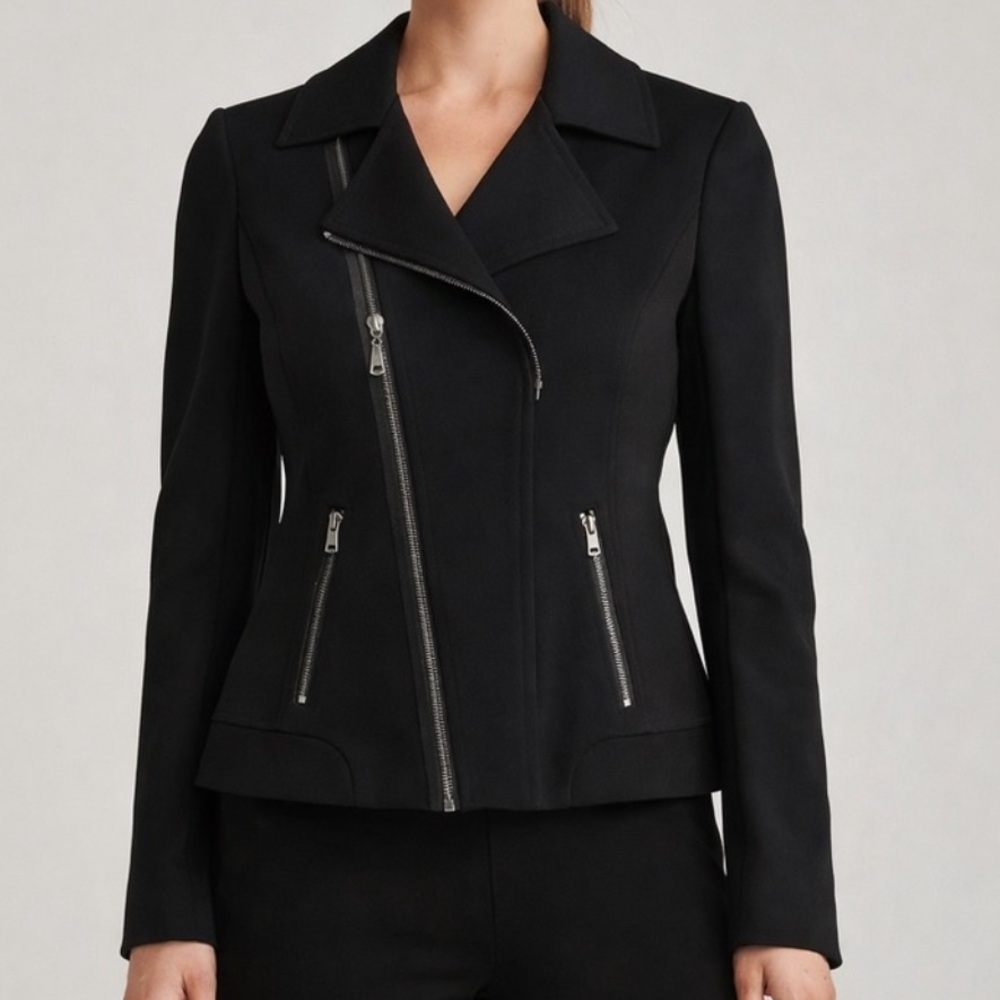 Tahari Jacket Women XS Black Full Zip Moto 
Fitted Zip Pockets Lined NWOT